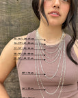 hispanic model wearing various lengths of sterling silver chains, necklace size guide by Sincerely Chain Co. jewelry