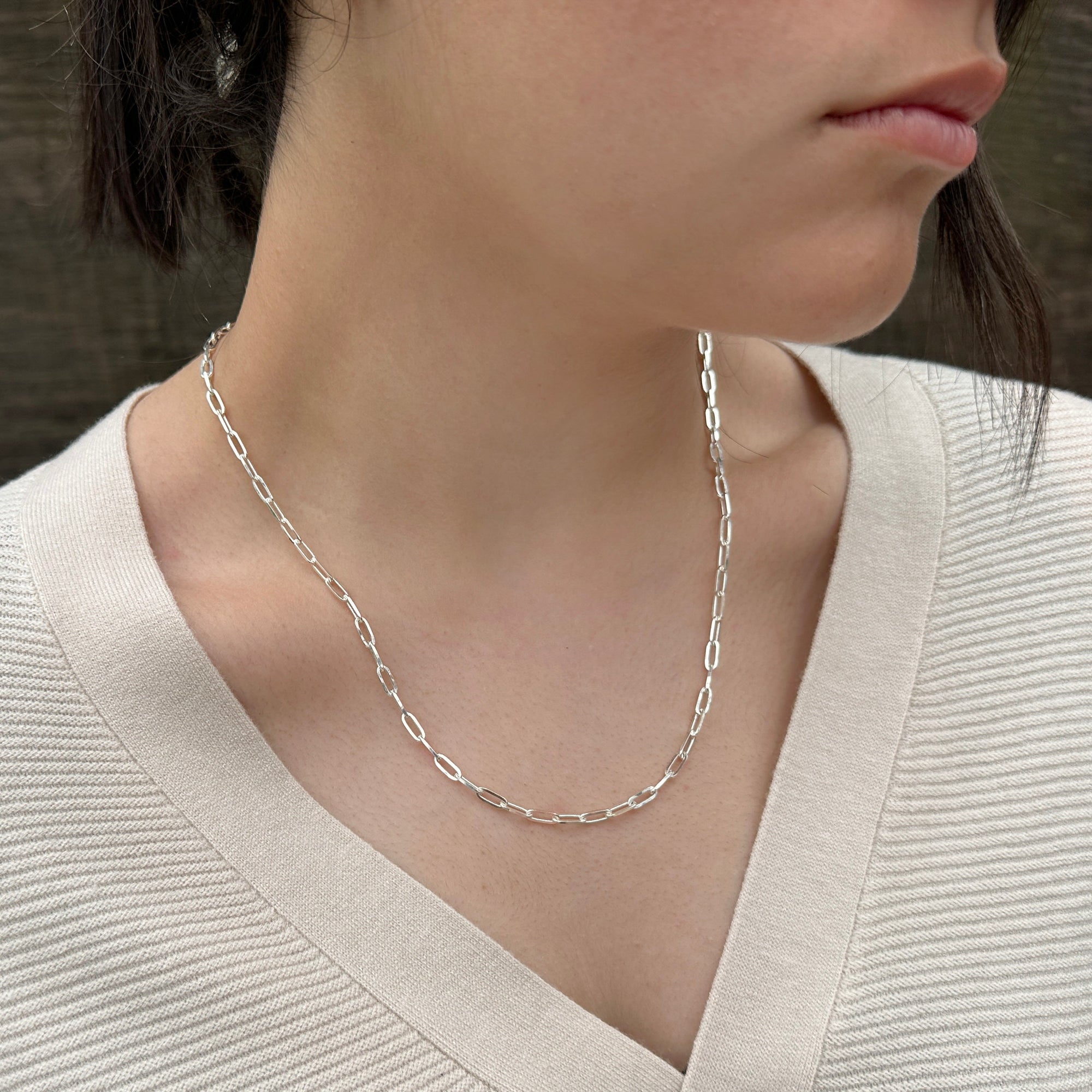 mexican women wearing sterling silver necklace with rectangle links