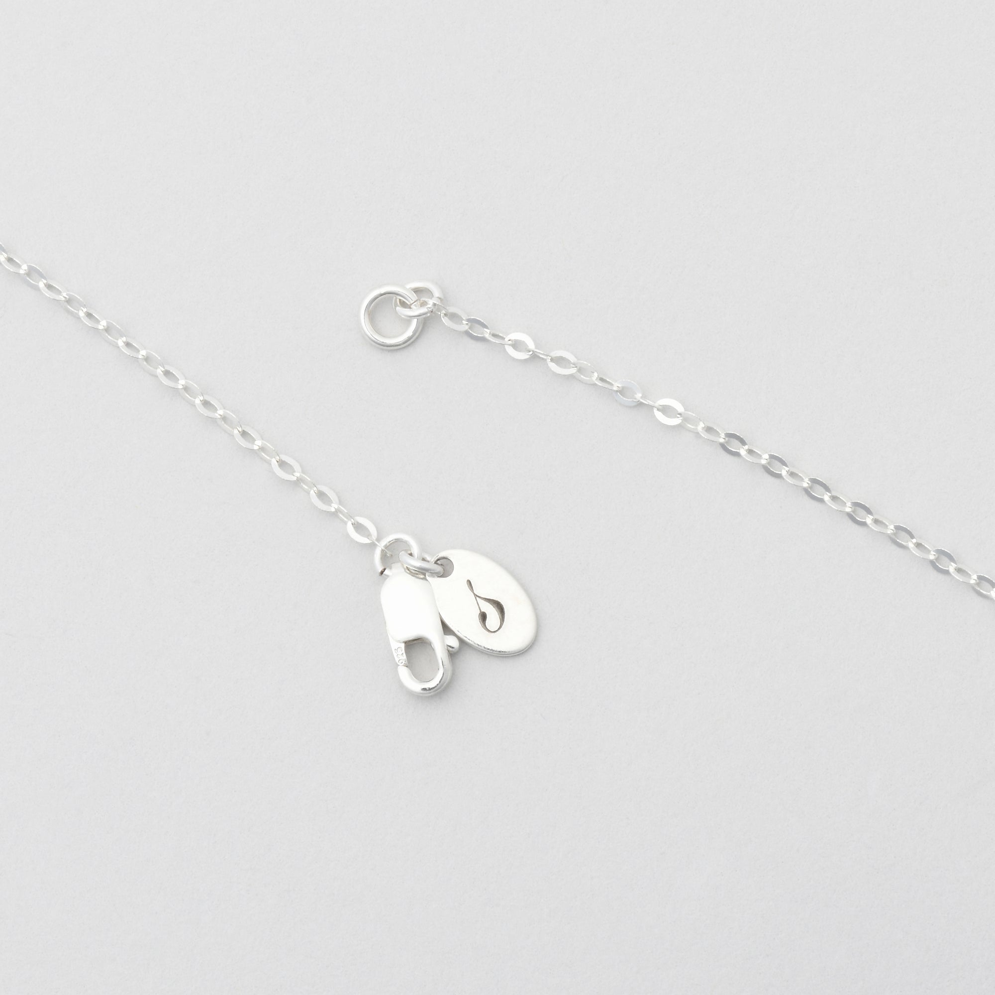 detailed image of a sterling silver necklace clasp with sincerely chain co logo tag