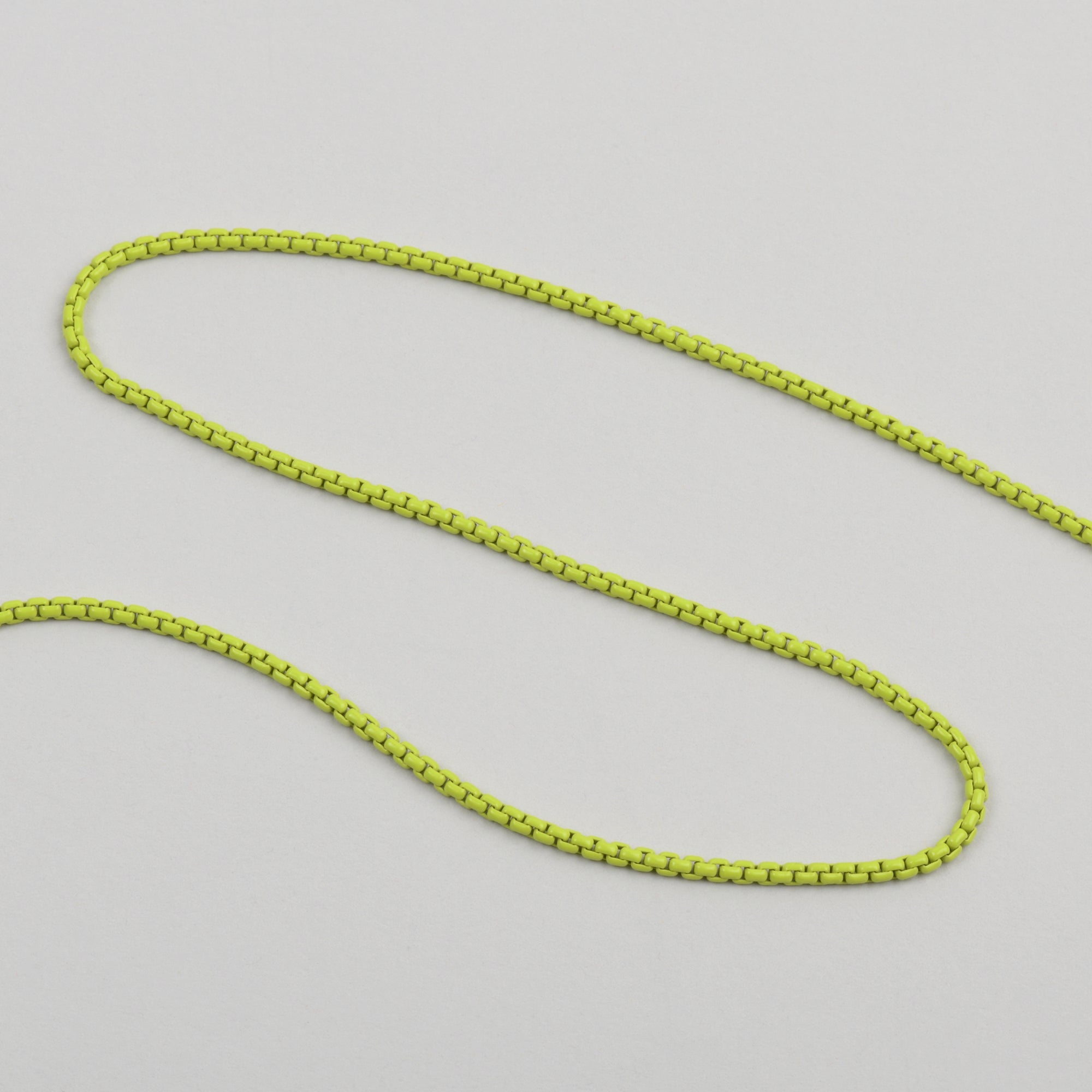 sterling silver box chain coated in lime green acrylic color 