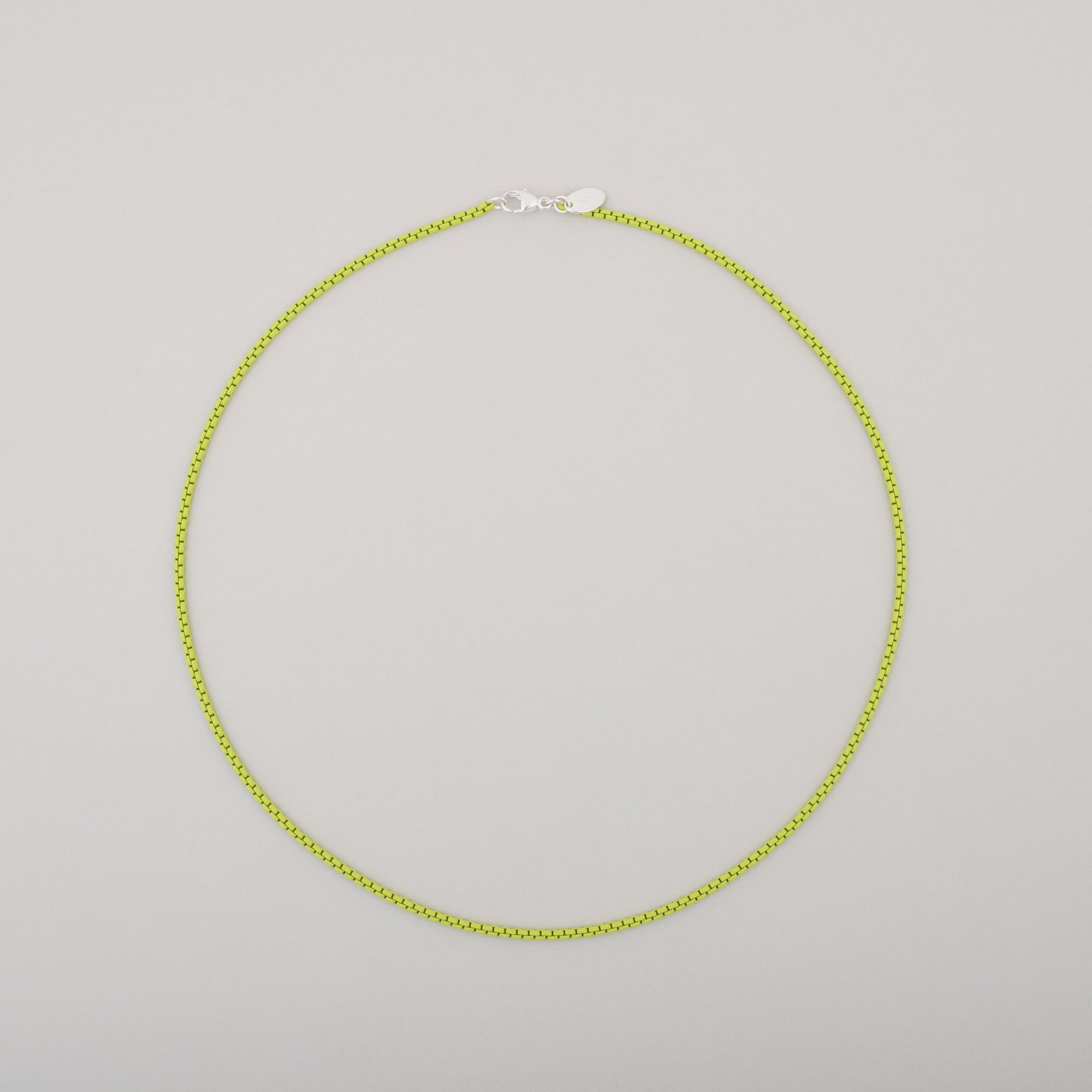high quality lime color coated sterling silver necklace in a tight box chain style, minimalist jewelry by Sincerely Chain Co.