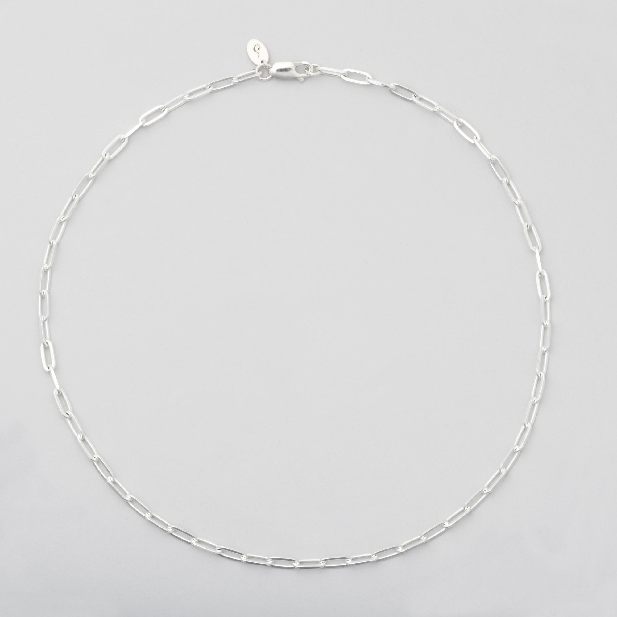 silver necklace in a circle with paperclip chain links