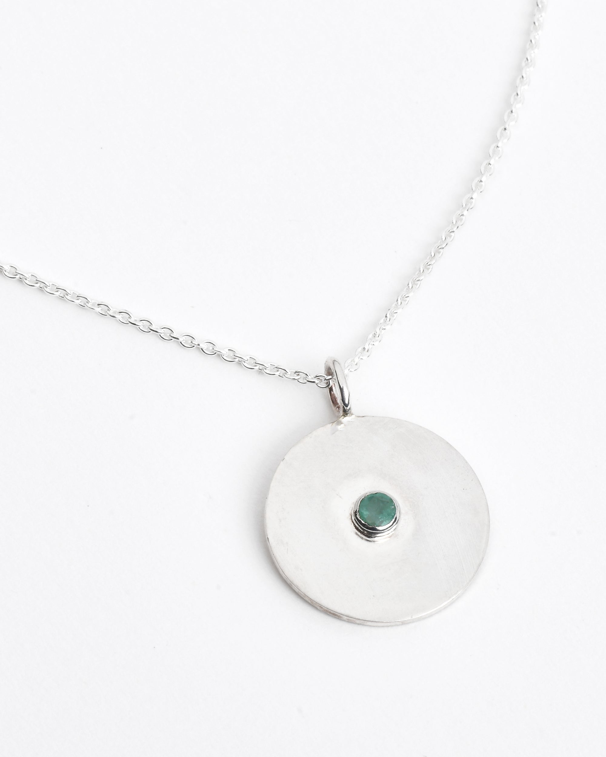 Sterling silver necklace with silver pendant and natural emerald gemstone, minimalist everyday jewelry by Sincerely Chain Co.