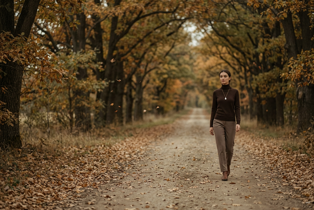 Autumn hero image with a distant model wearing the baroque pearl necklace on a tree-lined dirt road