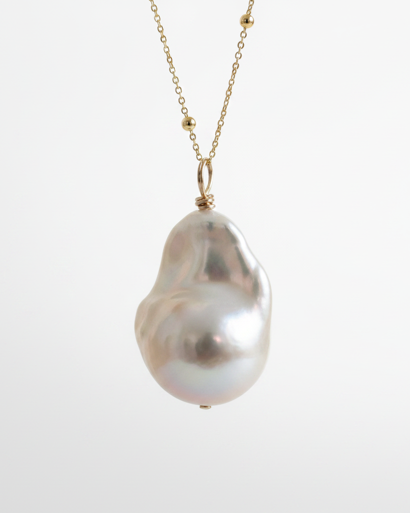 Baroque Pearl on a 14k gold satellite chain, fine jewelry by Sincerely Chain Co.