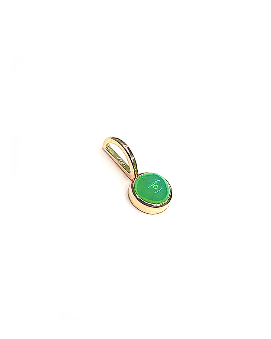 Dainty pendant with chrysoprase crystal set in a 14k gold bevel setting, modern jewelry by Sincerely Chain Co.