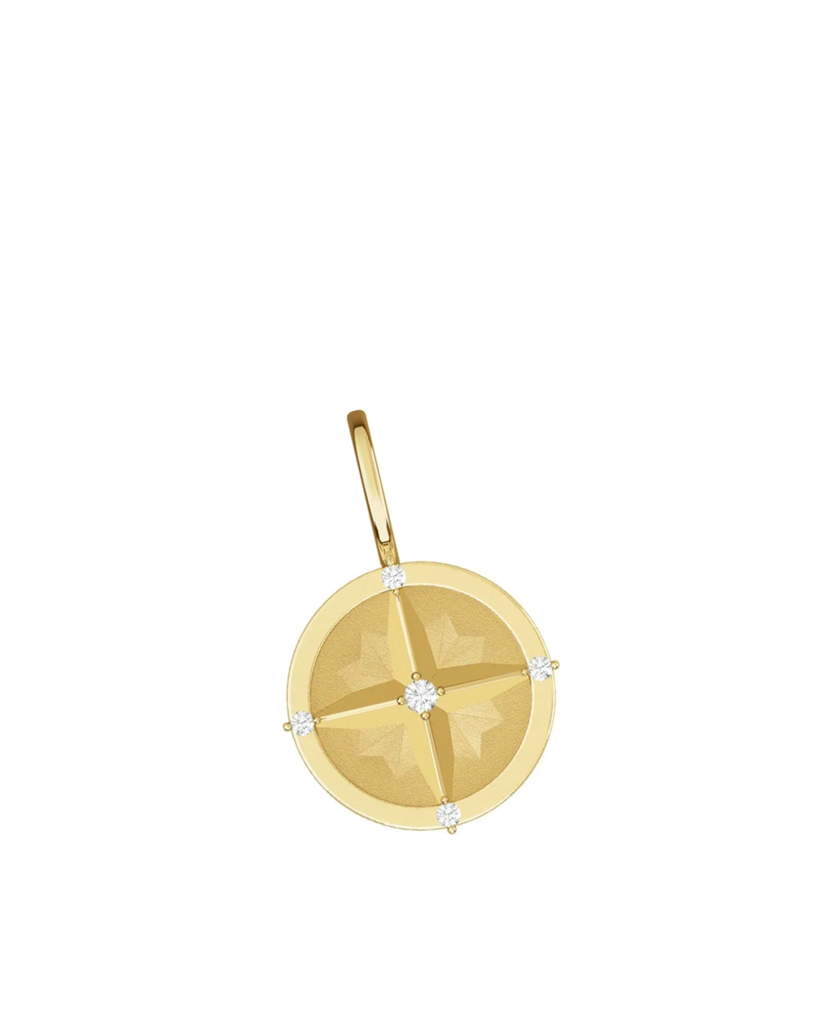 14k gold compass design pendant with five dainty diamonds in cardinal directions