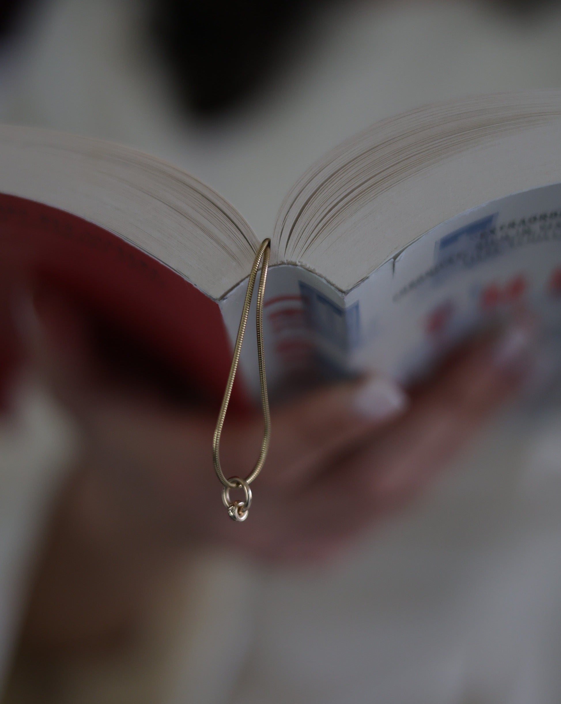 14K gold snake chain with a roundel charm displayed in an open book, modern minimalist jewelry by Sincerely Chain Co.