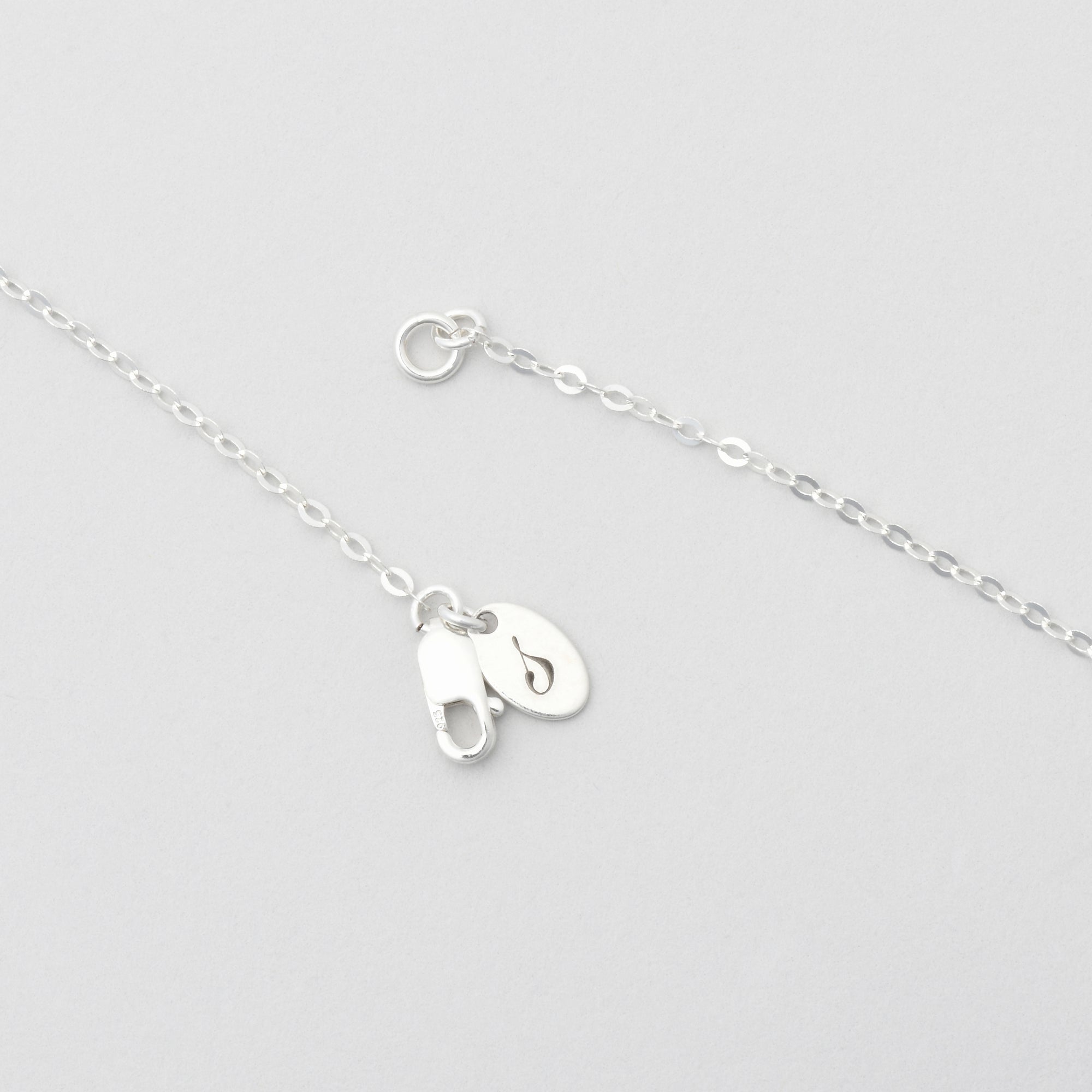 detailed image of a sterling silver necklace clasp with sincerely chain co logo tag